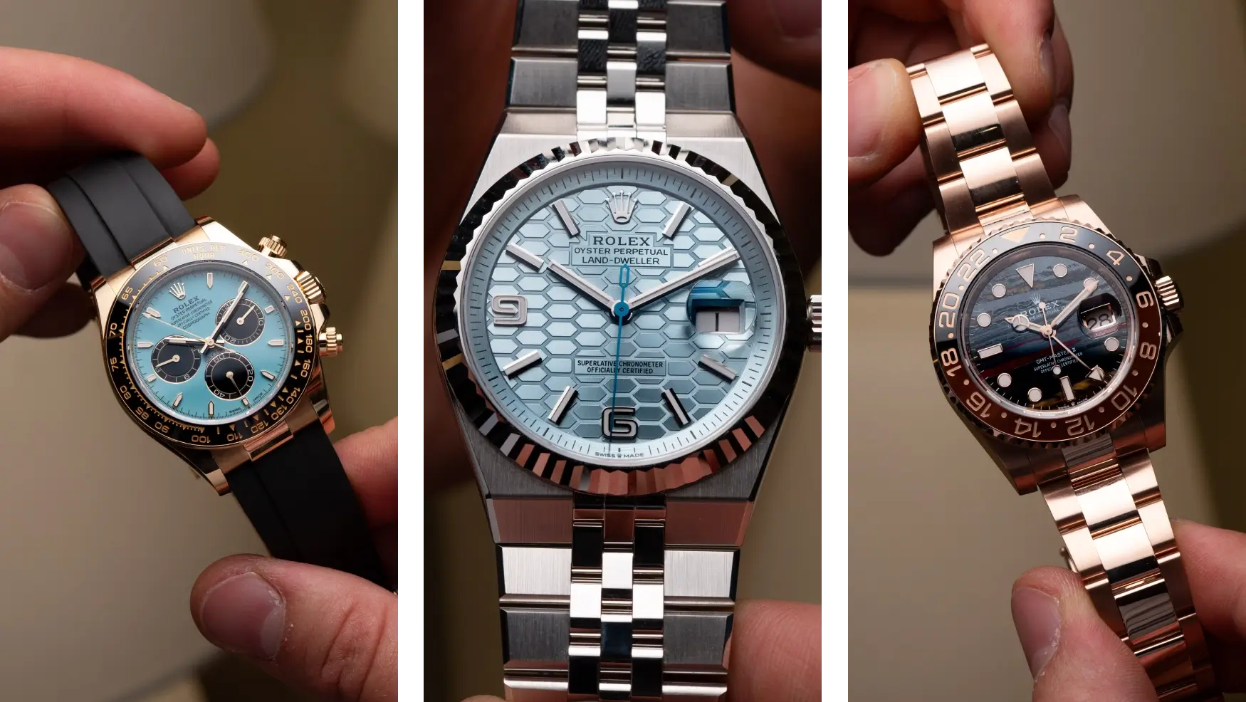 Three exquisite Rolex watches, each showcasing unique designs and luxurious materials, highlighting the brand's iconic craftsmanship and style.